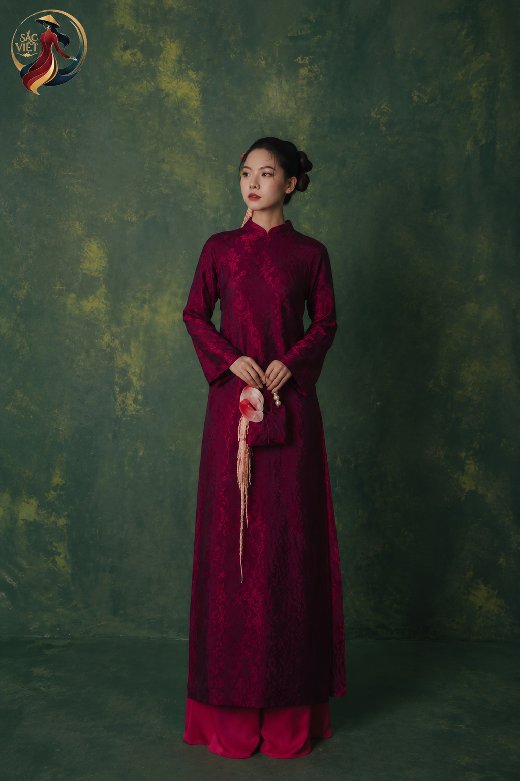 Áo Dài Gấm dệt Jacquard Hồng Lộ Đan Trà